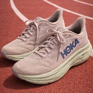 Hoka Pale Pink and Cream Cushion Running Shoes with Blue Logo